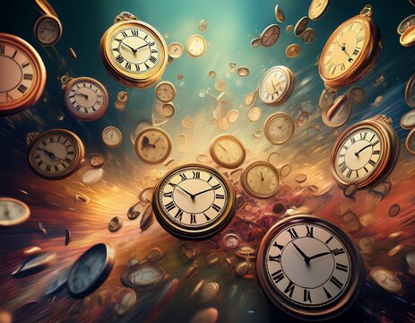 several clocks falling concept of time flying or disorganized time