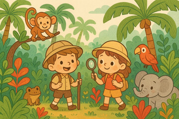 Naklejka premium Kids exploring jungle with palm trees colorful plants and curious animals soft colors friendly cartoon illustration