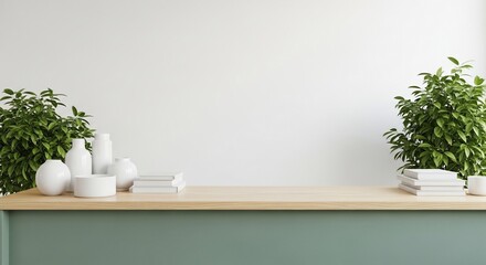 Minimalist workspace with wooden desk, white vases, and lush greenery for modern home or office design