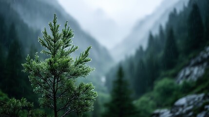 Misty Mountain Valley Landscape With Evergreen Pine Tree In Foreground Surrounded By Dense Forest, Rocks And Foggy Atmospheric Wilderness
