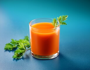 Fototapeta premium carrot juice decorated with green leaves in a transparent glass on a blue background