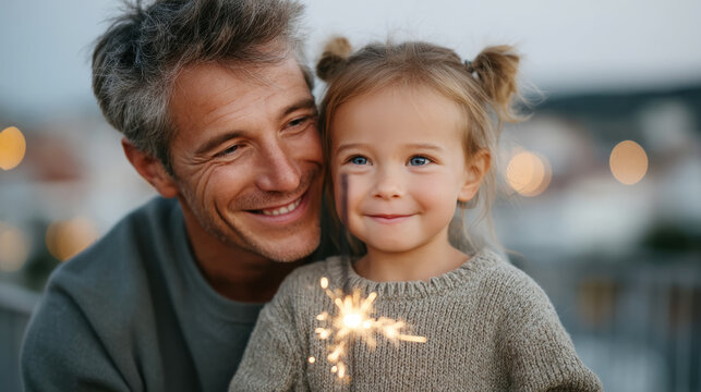 Joyful evening celebration: child lighting sparkler on balcony with parental support