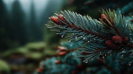 Close-Up Of Pine Tree Branch With Fresh Green Needles And Red Buds Covered In Raindrops In Misty Forest
