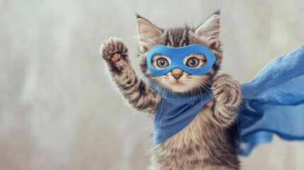 Fototapeta premium Kitten Blue Superhero Mask Cape Paws Raised Ready Action Cute