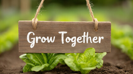 Community garden week celebration: grow together sign among fresh greens