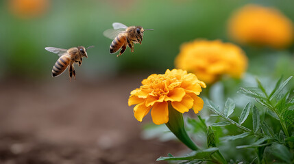 Community garden week celebration with bees pollinating marigolds