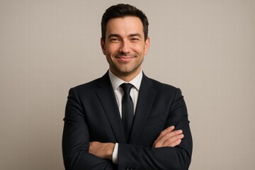 Professional Male in Dark Suit with Confident Smile Poses Against Neutral Background, Exuding Charisma and Approachability for Business Contexts