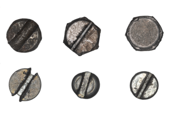 Used screw and bolt heads with signs of wear, scratches, dents, rust spots. Close-up view. Isolated on transparent background.  Set 1.