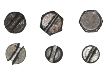 Used screw and bolt heads with signs of wear, scratches, dents, rust spots. Close-up view. Isolated on transparent background.  Set 1. © ALIAKSANDR