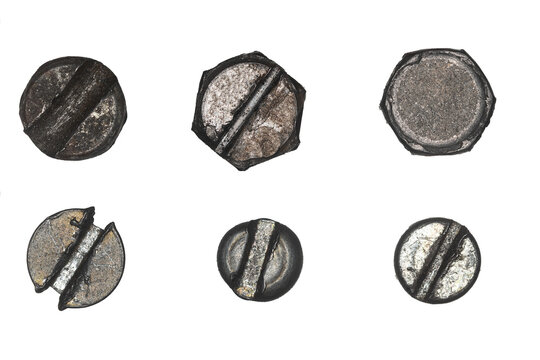 Used screw and bolt heads with signs of wear, scratches, dents, rust spots. Close-up view. Isolated on transparent background.  Set 1.