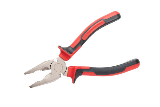 Metal pliers with electrically insulating handles made of red and black plastic. In open state. Close-up view. Isolated on transparent background.  