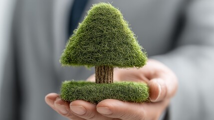 Sustainable Growth Concept With Businessman Holding Green Tree Model Symbolizing Eco Innovation Renewable Energy And Environmental Responsibility
