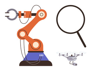Robotic arm gripping object, magnifying glass, and Quadcopter. Ideal for automation, innovation, research, exploration, AI manufacturing technology. Simple flat metaphor