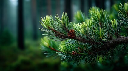 Pine Tree Branch With Fresh Green Needles In Forest Landscape Showing Evergreen Conifer Growth, Lush Foliage And Natural Wilderness
