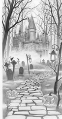 Pencil Drawing of a Spooky Gothic Castle and Graveyard - Halloween Theme