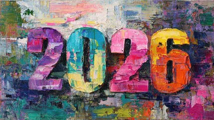 Colorful 2026 painted with thick oil strokes on canvas. Abstract textured artwork with vibrant rainbow colors and artistic expression