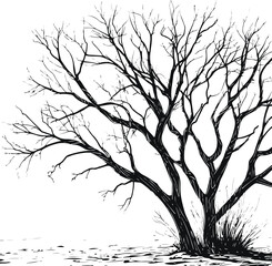 Obraz premium Desert tree outline with dry branches, simple black contour line art on white background.
