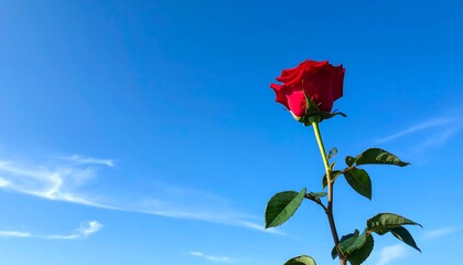 A vibrant red rose ascends against a clear, cerulean blue sky, showcasing delicate clouds.