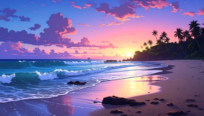 Serene sunset over a tropical beach, with vibrant colors and gentle waves lapping at the shore.