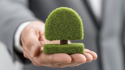 Eco Innovation Symbol With Businessman Holding Green Tree Model Representing Sustainability Renewable Energy Environmental Care And Future Growth
