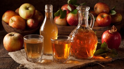 Rustic apple cider presentation featuring freshly pressed juice in bottles and glasses, with apples displayed behind