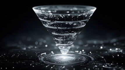 Big data technology and information funnel concept. arge digital funnel with oline data as process of daa collection, analysis, an transformation into usefu information. Modern, digial style.