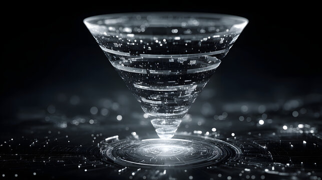 Big data technology and information funnel concept. arge digital funnel with oline data as process of daa collection, analysis, an transformation into usefu information. Modern, digial style.