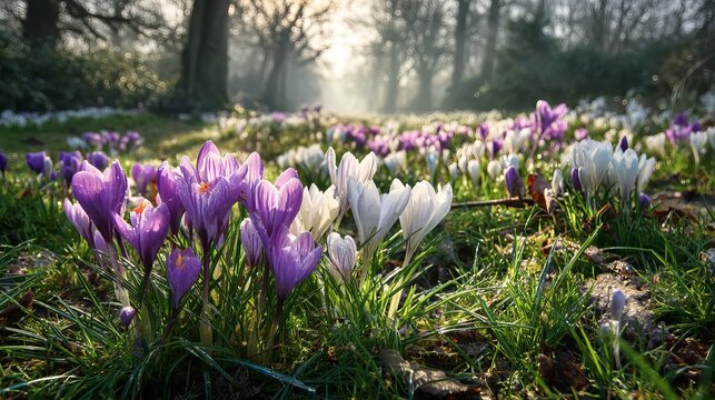 Vibrant spring blossom: a colorful meadow bursting with fresh white and purple crocus flowers bathing under sunlight.
