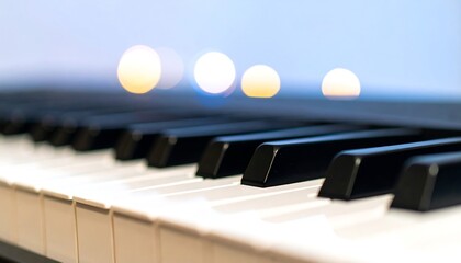 Close-up piano keys with blurred lights