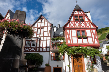 Silent morning in Ediger-Eller town on Moselle river, view of old half-timbered houses and narrow streets, tourist destination in Germany