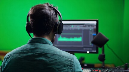 A sound engineer monitoring levels on a computer screen.