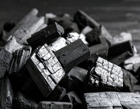 Close-up pile of charcoal briquettes