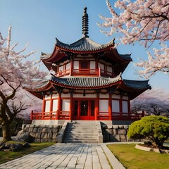 Fototapeta premium Traditional Asian Temple with Cherry Blossoms in Spring