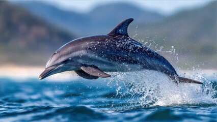 A captivating shot of a dolphin gracefully leaping from the ocean waves, showcasing its power.