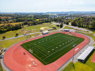 Aerial drone photo of school athletic fields. sports.