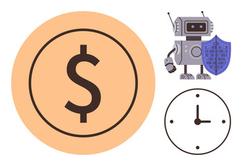 Robotic character holding shield, clock representing time, dollar symbolizing finance. Ideal for innovation, technology, automation, security, efficiency, fintech future concepts simple flat
