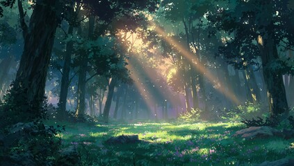 Sunlight Streaming Through Trees in a Serene Forest
