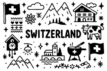 Switzerland doodle compilation: Alps, chalets, Swiss flag, cheese, cow, mountains, flowers, fondue, clock, traditional house, bridge, tower, and city skyline.