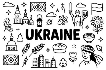 Ukraine doodle compilation: Kyiv architecture, churches, wheat, sunflower, borscht, bread, national costume, embroidery, oak leaves, berries, Motherland Monument, and Ukrainian flag.