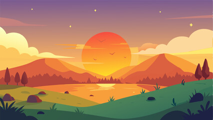 As the sun sets casting a warm orange glow over the landscape the meadow and its inhabitants are enveloped in a peaceful dreamlike atmosphere.