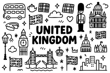 Obraz premium United Kingdom doodle compilation: Big Ben, Tower Bridge, St. Paul’s Cathedral, royal guard, crown, double-decker bus, tea, pie, Union Jack flags, tartan pattern, city skyline, and lamp posts.