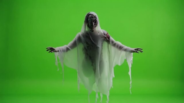 Spooky figure in white sheet costume against a vibrant green screen background in studio setting halloween ghost green screen video