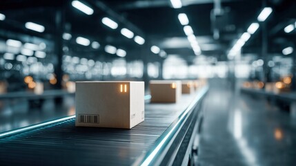 Cardboard boxes on a conveyor belt in a warehouse, ready for delivery and shipping.