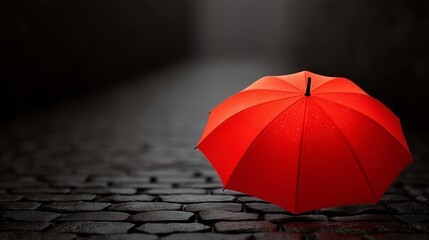 Red Umbrella on Wet Cobblestone Street
