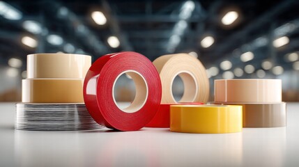 Colorful rolls of adhesive tape are arranged in a close-up studio shot, ready for use.