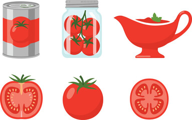 Fresh tomato illustration with canned tomatoes, jarred preserved tomatoes, tomato sauce, whole tomato, sliced tomato, organic vegetable food design