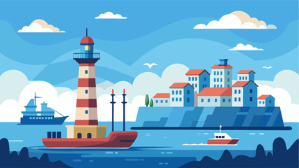 Obraz premium A striking lighthouse standing tall at the edge of the harbor guiding ships into the bustling city port.