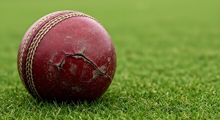 A close-up shot of a worn, red cricket ball resting on green grass, showing wear and tear.