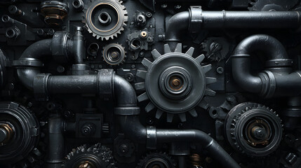 Fototapeta premium dark industrial 3D render: vehicle parts pattern wit car gears and pipes