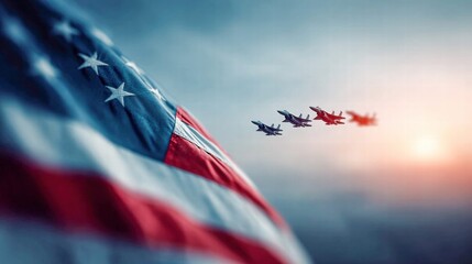 American flag with fighter jets flying in the sky during sunset, a patriotic scene.